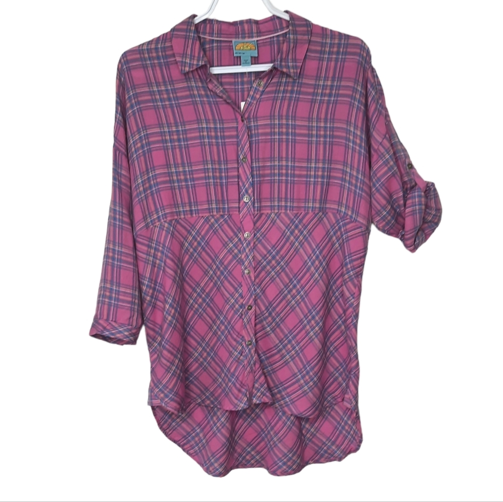 C&C California Button Down Tunic Shirt Top Pink Plaid High Low Hem Size Medium